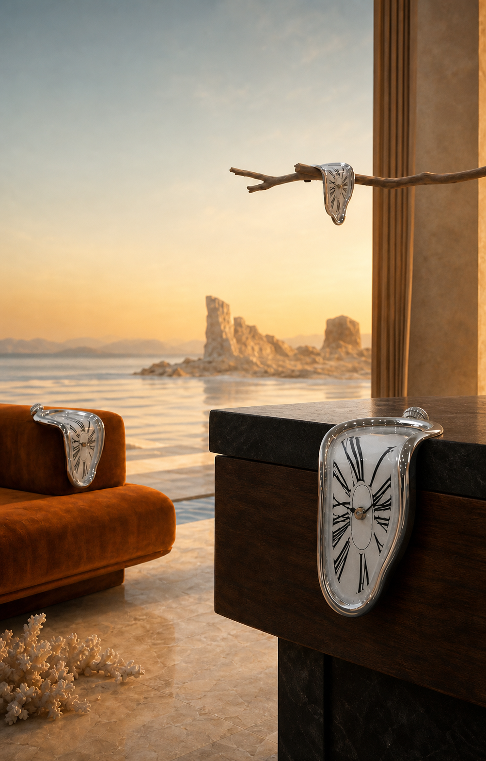 FAREVER silver melting clocks in a warm surreal interior