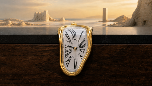 FAREVER polished gold Roman-numeral melting clock displayed on a shelf