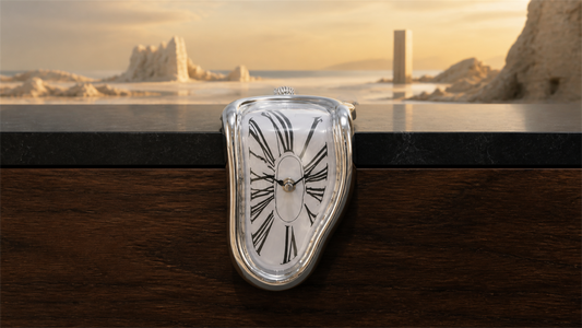 FAREVER polished silver Roman-numeral melting clock displayed on a shelf
