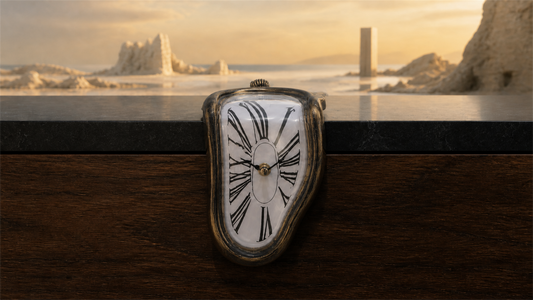FAREVER antique black-and-gold Roman-numeral melting clock displayed on a shelf